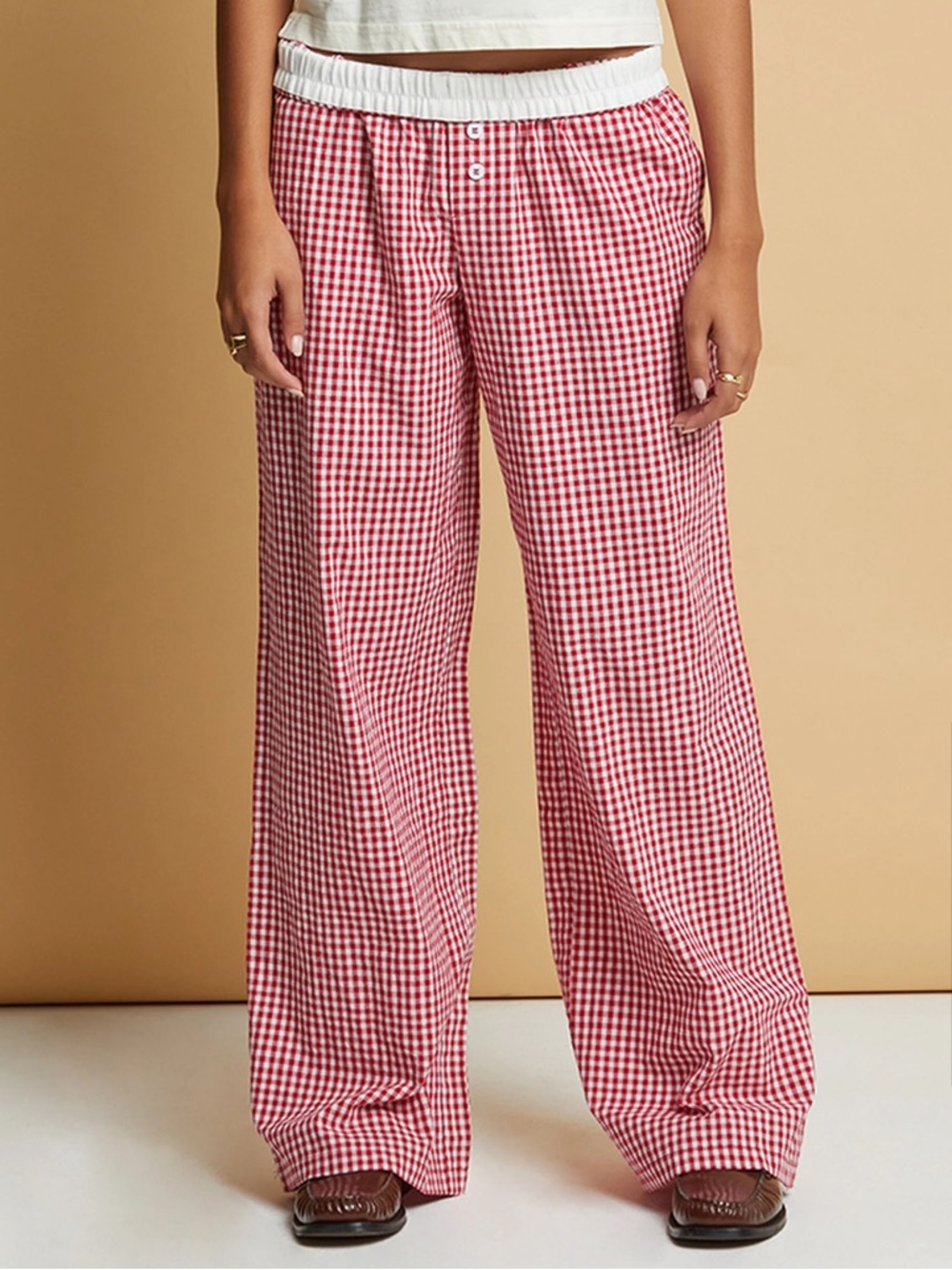 Beverly and Beck Women’s 100% Cotton Red and White Gingham Wide-Leg Pants Fall